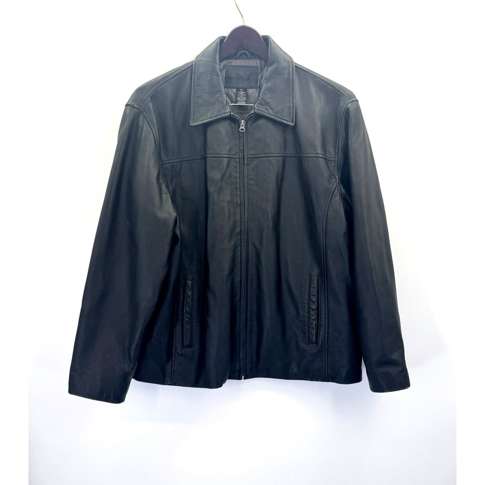 VTG Y2K George Black Leather Bomber Jacket Large Quilt Lining Pockets 90s Grunge